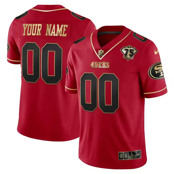 Men's San Francisco 49ers Active Player Custom Red Gold 75th Anniversary Patch Stitched Football Jersey Men's San Francisco 49ers Active Player Custom Red Gold 75th Anniversary Patch Stitched Football Jersey